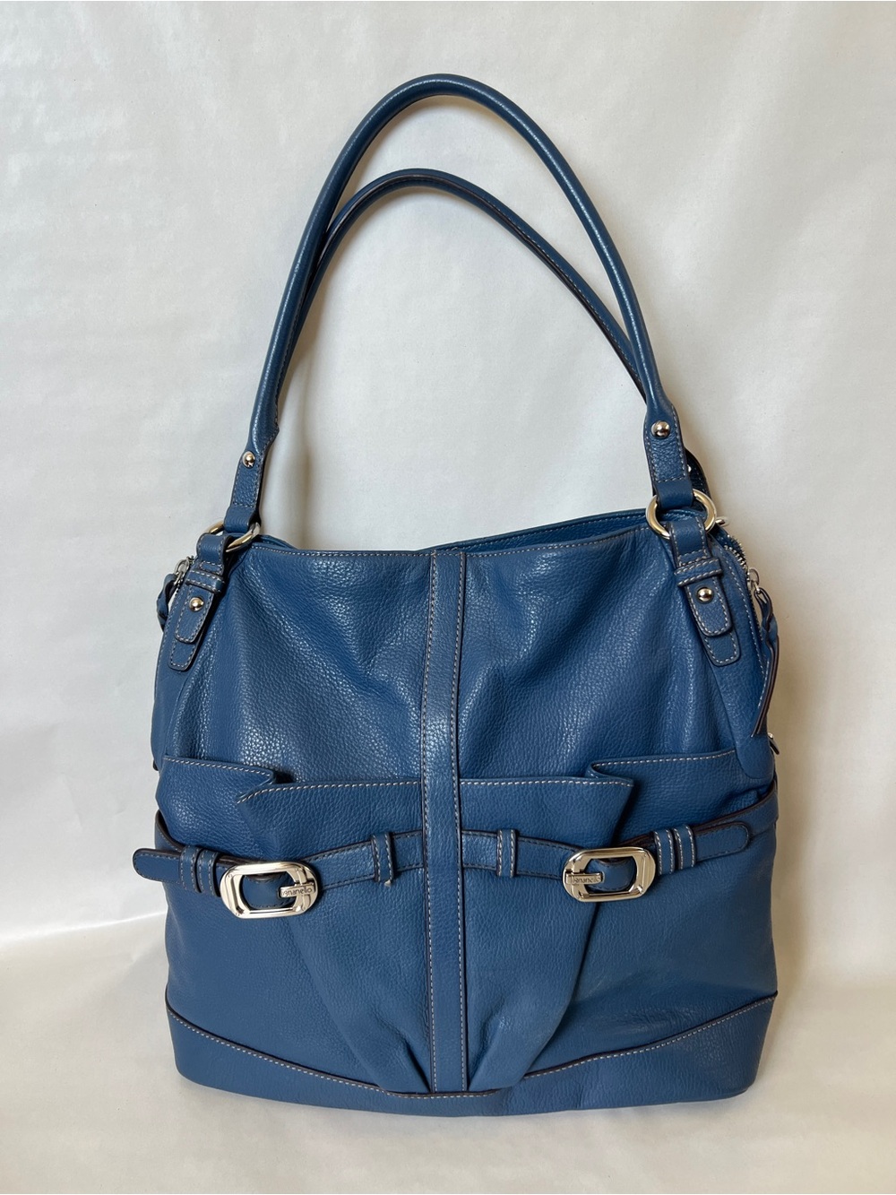 Tignanello Blue Pebbled Leather Oversized Hobo Shoulder Bag Silver Buckles Tote